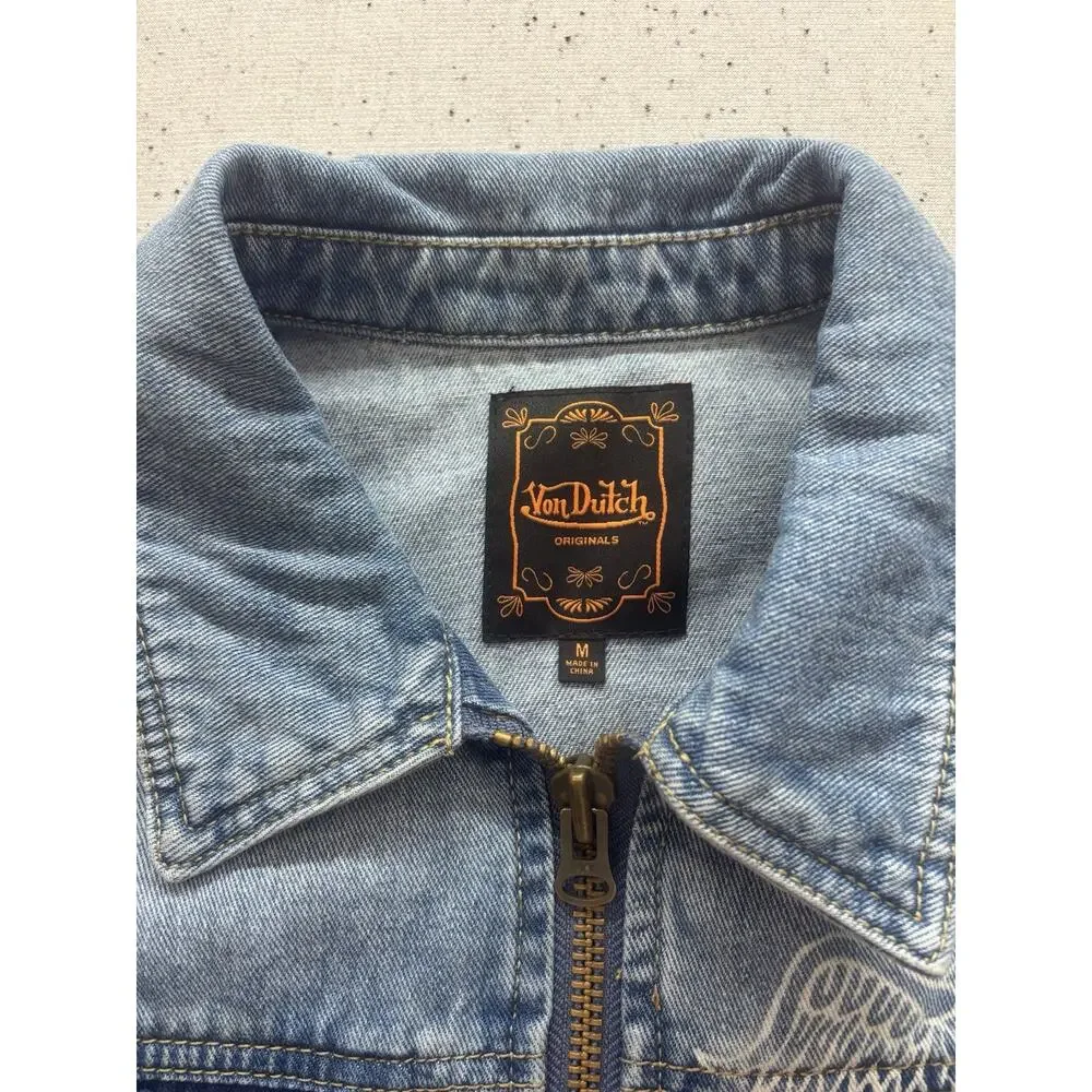 Von Dutch Originals Denim Jacket Mens Medium M Blue Full Zip Flying Eyeball Y2K
